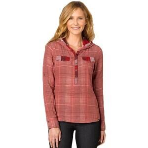 Prana Anja Organic Cotton Half Button Hooded Plaid Long Sleeve Shirt Red Size L